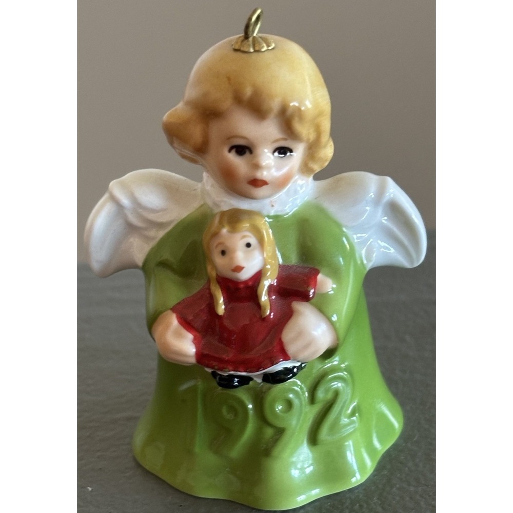 Vintage 1992 Goebel Angel Bell w Baby Doll Christmas Tree Ornament Green Dress